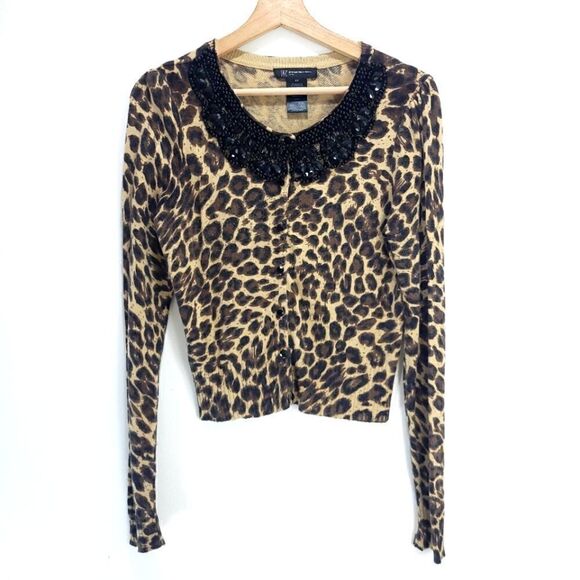 INC International Concepts Angora Blend Leopard Print Cardy with Beaded Collar - Picture 1 of 9